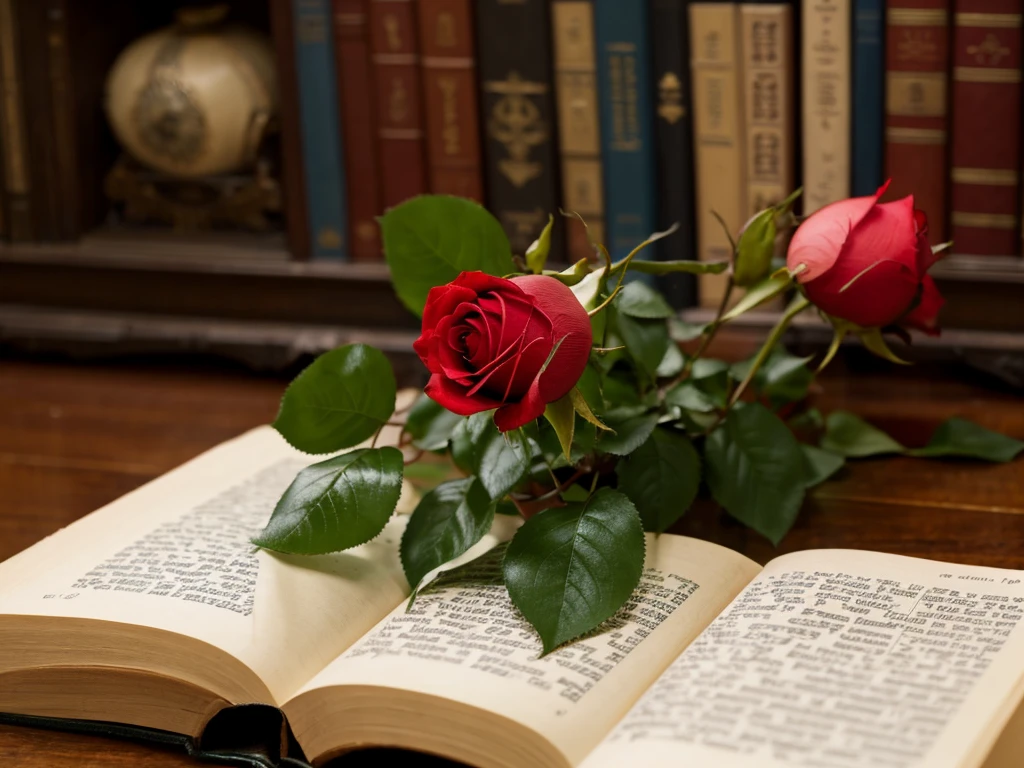 A red rose on top of an old book