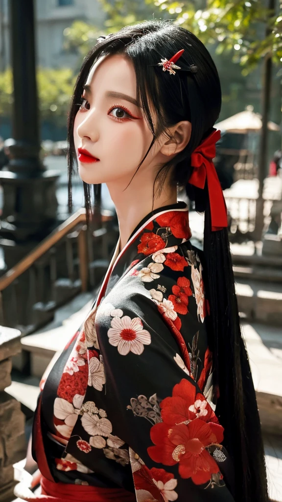 Black hair Red eyes sexy kimono Black Fang hairpin,long hair
