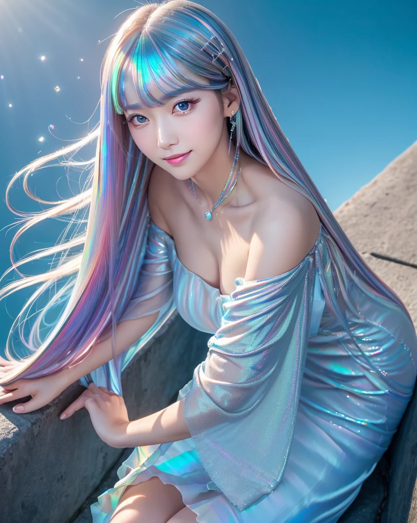 (Highest quality, 32k, High resolution, Masterpiece:1.5), marimo_jet, god々A photograph with brilliant dazzling and healing power., Evoking a sense of calm and elusive beauty, Expressing emotions, Have a rich imagination,Beautiful Japanese Girls, An exceptionally beautiful face, ((Shooting from slightly above:1.4)), Small Face Beauty, Perfect Human Anatomy, Magical big eyes, Motherhood and generosity, Deep Love, fleeting smile, ((Iridescent gradient hair:1.4)), ((Super Long Straight Silk Hair:1.3)), Asymmetrical bangs, Hair between the eyes, Transparent, soft white skin, Sharp eyebrows, Thin lashes, Natural Makeup, Cheek highlighter, Pale pink detailed lips, ((Blue Off Shoulder Dress:1.3)), High resolutionの完璧な鎖骨, High resolutionの美しい胸元, Slim figure with ample breasts, High resolutionの美しい太もも, ((Detailed blue sky background:1.2)), Professional Lighting, Professional photographer, Professional models, god秘的