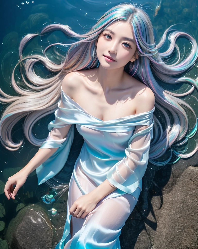 (Highest quality, 32k, High resolution, Masterpiece:1.5), marimo_jet, god々A photograph with brilliant dazzling and healing power., Evoking a sense of calm and elusive beauty, Expressing emotions, Have a rich imagination,Beautiful Japanese Girls, An exceptionally beautiful face, ((Shooting from slightly above:1.4)), Small Face Beauty, Perfect Human Anatomy, Magical big eyes, Motherhood and generosity, Deep Love, fleeting smile, ((Iridescent gradient hair:1.4)), ((Super Long Straight Silk Hair:1.3)), Asymmetrical bangs, Hair between the eyes, Transparent, soft white skin, Sharp eyebrows, Thin lashes, Natural Makeup, Cheek highlighter, Pale pink detailed lips, ((Blue Off Shoulder Dress:1.3)), High resolutionの完璧な鎖骨, High resolutionの美しい胸元, Slim figure with ample breasts, High resolutionの美しい太もも, ((Detailed blue sky background:1.2)), Professional Lighting, Professional photographer, Professional models, god秘的