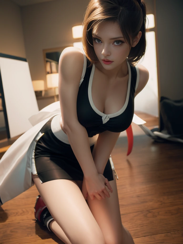 There is a woman in a short skirt and a black top., Full Body Shot, Full Scene Shot, Seductively facing forward, Extremely sharp details, Teasing, Brunette, lower angle, Stoya, captivating and mesmerizing, teasing, Wearing a white shirt, Touching her clothes, satin, Captivating woman, Full body close-up shot, Beautiful angle
