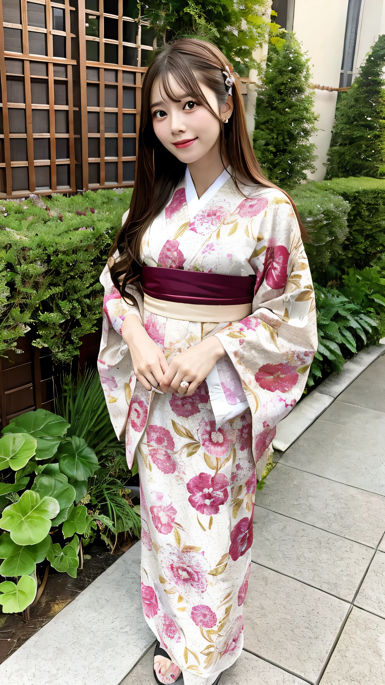 best quality, masterpiece, 1girl, long brown hair, kimono, in a flower garden, full body