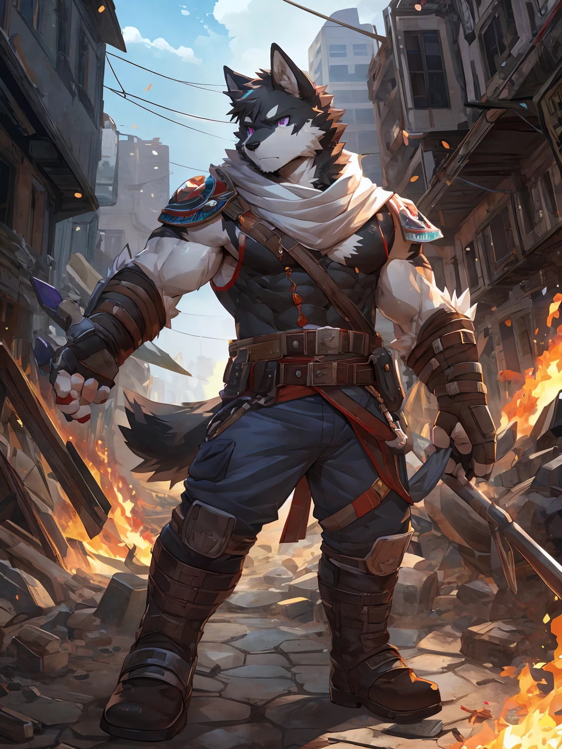 embedding:black wolf, male,purple eyes,Scar on the face, scar on the body,Single person,The end of the world,sit in the ruins,His leg was bandaged,A shabby uniform,Modern cities,A heavy expression,Serious expression, a little sad.Fleshy thighs,Thigh straps,With an iron bar in his hand,The highest quality of scene detail,adult,Tall and powerful,muscle,Best quality hands, best quality eye,detailed fur,Delicate eyes.Extreme picture quality,by sollyz,by zixiong,by milkytiger1145