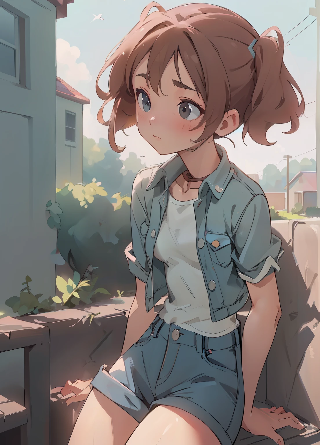 (masterpiece、Highest quality、Highest quality、Official Art、Beautiful and beautiful:1.2)、(One girl:1.3)Hatsune Miku、Twin tails,Beautiful breasts,((medium breast, tomboy girls, small head)), daylight, sunlight, (chiseled abs : 1.1), (perfect body : 1.1), (short wavy hair : 1.2) , auburn hair, collar, chain, full body shot, crowded street, wearing black tanktop, jeans jacket, ((shorts)), (extremely detailed CG 8k wallpaper), (an extremely delicate and beautiful), (masterpiece), (best quality:1.0), (ultra highres:1.0),  beautiful lighting ,perfect lightning, realistic shadows, [highres], detailed skin, ultra-detailed