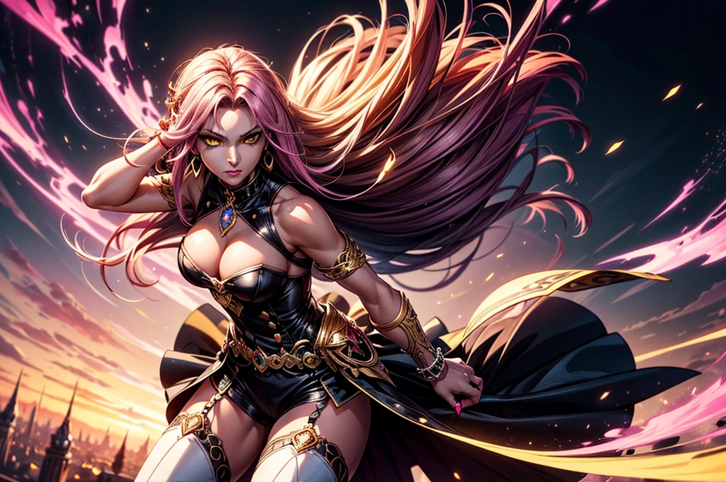 There is lost coliseum there stand female lioness in battle stance, she have ebony colour skin beautiful yellow cat eyes dark gold eyeshadows make up, ring style earrings, her hair is purple with pink highlights . she dressed in white neather topic with golden parts on countures also short and white leather straps on her cat legs instead of boots, her hands have hude ruby claws on her fingers, (ultra high quality fantasy art, dark fantasy style, masterpiece, ultra high quality character design, 8k quality anime art, realistic anime art, top quality wallpaper illustration, detailed ultra high quality accurate face, high quality design and accurate physic)