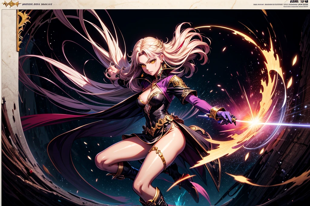There is lost coliseum there stand female lioness in battle stance, she have ebony colour skin beautiful yellow cat eyes dark gold eyeshadows make up, ring style earrings, her hair is purple with pink highlights . she dressed in white neather topic with golden parts on countures also short and white leather straps on her cat legs instead of boots, her hands have hude ruby claws on her fingers, (ultra high quality fantasy art, dark fantasy style, masterpiece, ultra high quality character design, 8k quality anime art, realistic anime art, top quality wallpaper illustration, detailed ultra high quality accurate face, high quality design and accurate physic)