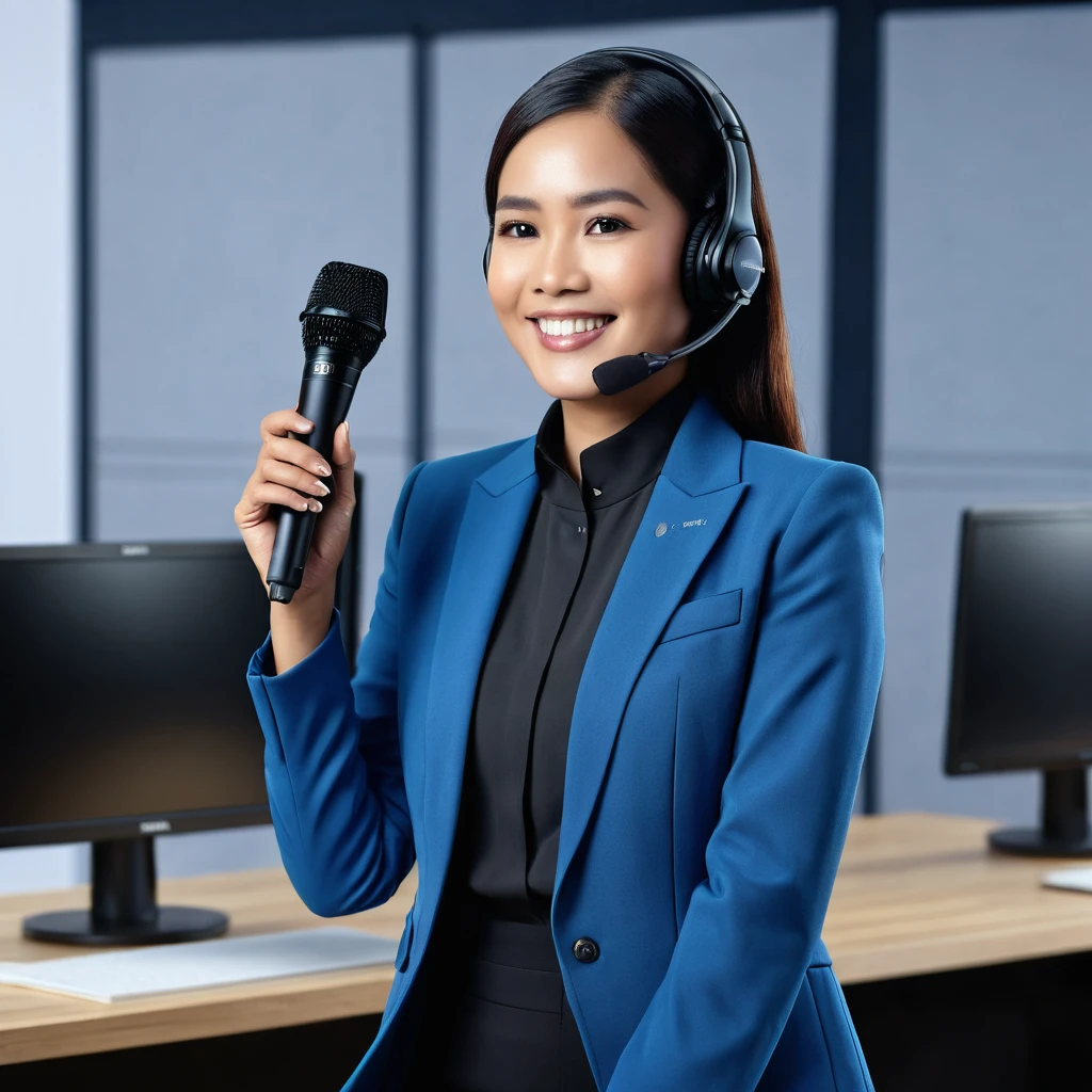 Photography image of an Indonesian female customer service person wearing a black wireless mic, wearing a blue long jacket. Radiant face, smile, charismatic. Background view in a spacious studio, several monitor screens. Realistic, ultra hd 24k, stand full body view.