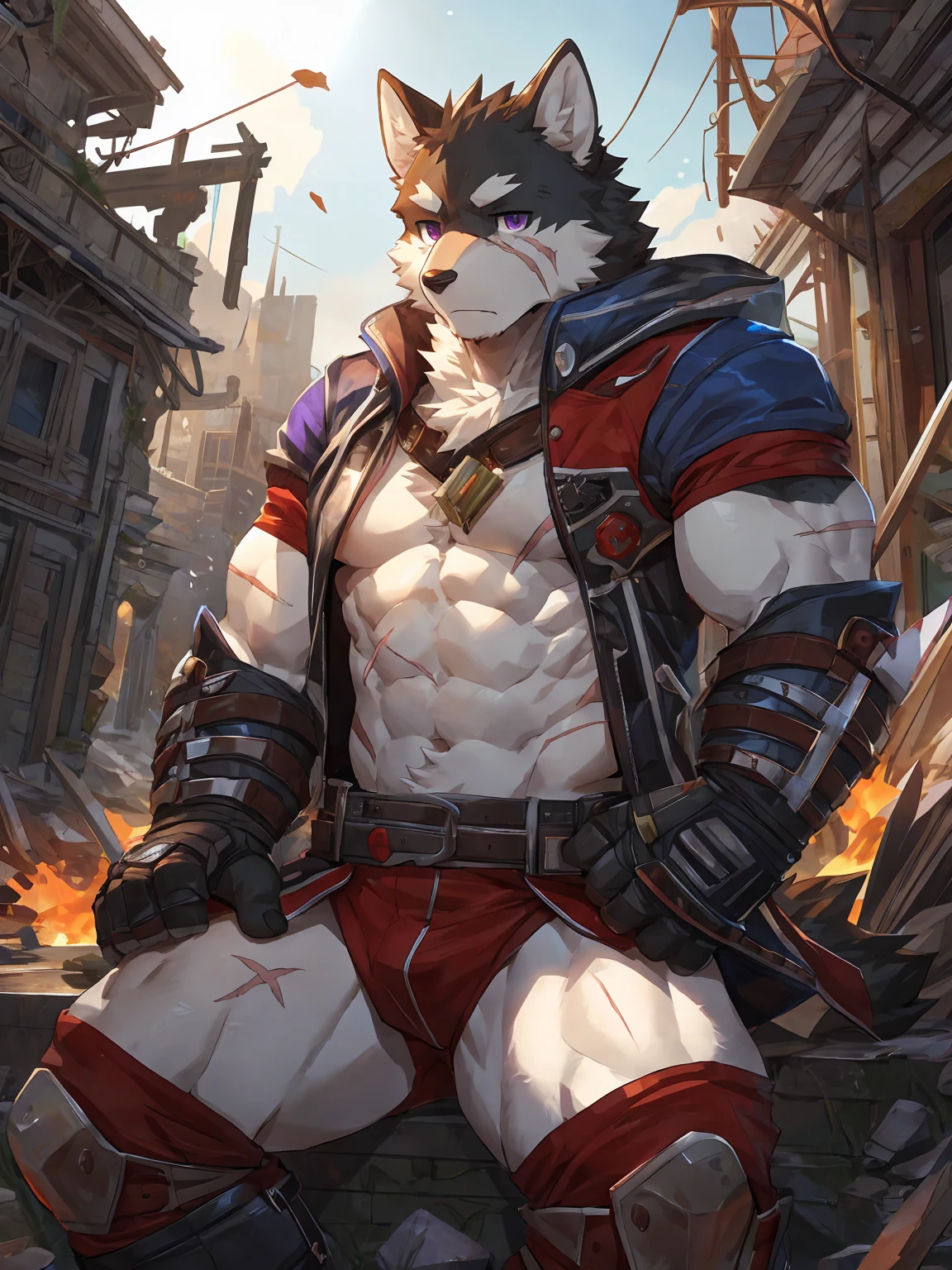 embedding:black wolf, male,purple eyes,Scar on the face, scar on the body,Single person,The end of the world,sit in the ruins,His leg was bandaged,A shabby uniform,Modern cities,A heavy expression,Serious expression, a little sad.Fleshy thighs,Thigh straps,With an iron bar in his hand,The highest quality of scene detail,adult,Tall and powerful,muscle,Best quality hands, best quality eye,detailed fur,Delicate eyes.Extreme picture quality,by sollyz,by zixiong,by milkytiger1145