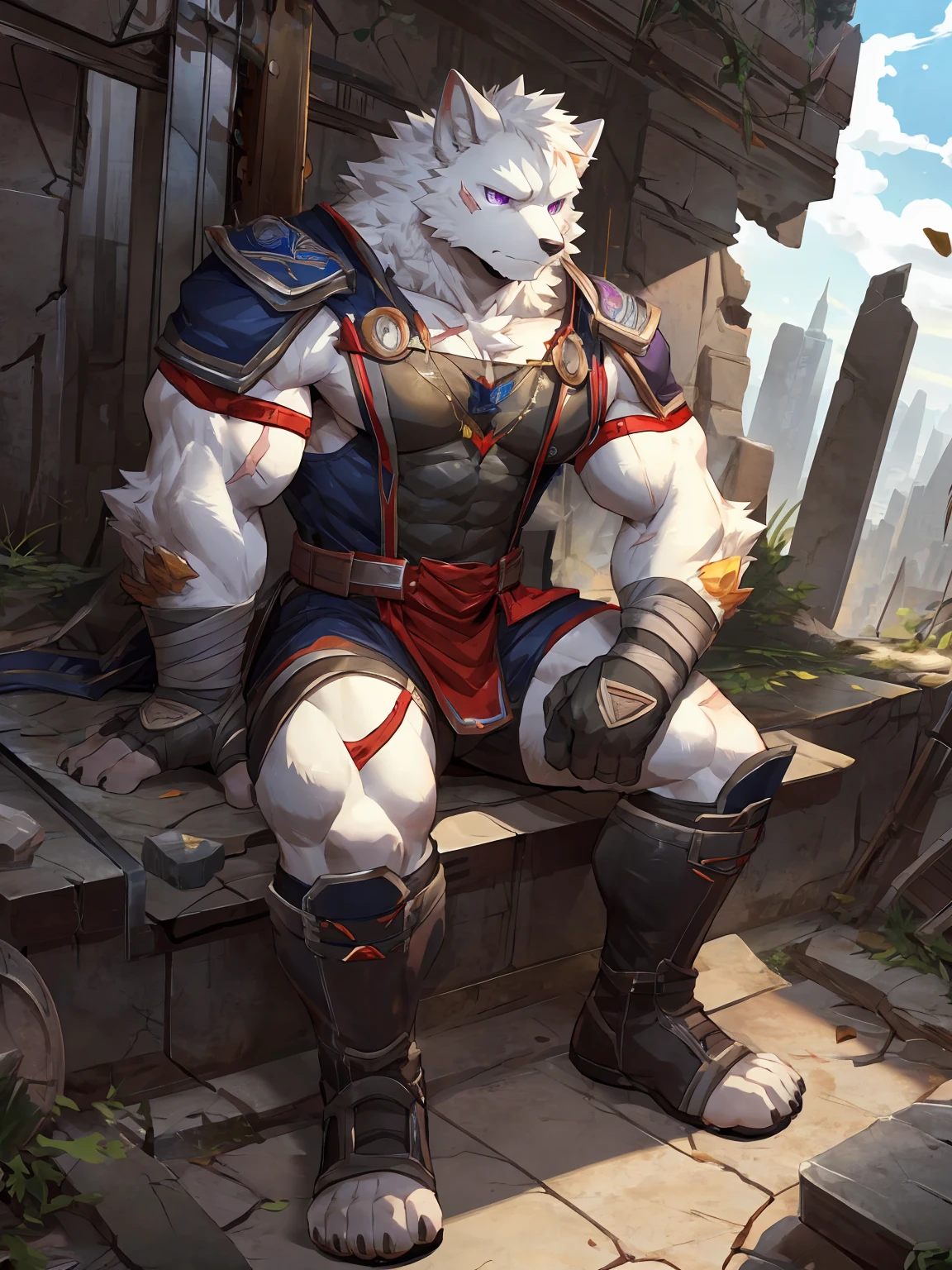 embedding:black wolf, male,purple eyes,Scar on the face, scar on the body,Single person,The end of the world,sit in the ruins,His leg was bandaged,A shabby uniform,A heavy expression,Fleshy thighs,Thigh straps,With an iron bar in his hand,The highest quality of scene detail,adult,Tall and powerful,muscle,Best quality hands, best quality eye,detailed fur,Delicate eyes.Extreme picture quality,by sollyz,by zixiong,by milkytiger1145