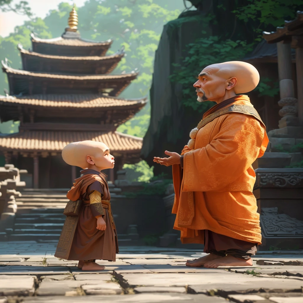 a little monk and an old monk standing side by side, extremely detailed and lifelike portrait, intricate details, realistic textures, dramatic lighting, cinematic mood, warm color palette, masterpiece, 8k, photorealistic, hyper-realistic, award-winning, highly detailed face, penetrating gaze, expressive features, flowing robes, ancient temple interior, detailed environment, ornate decor, dramatic chiaroscuro, fine art quality
