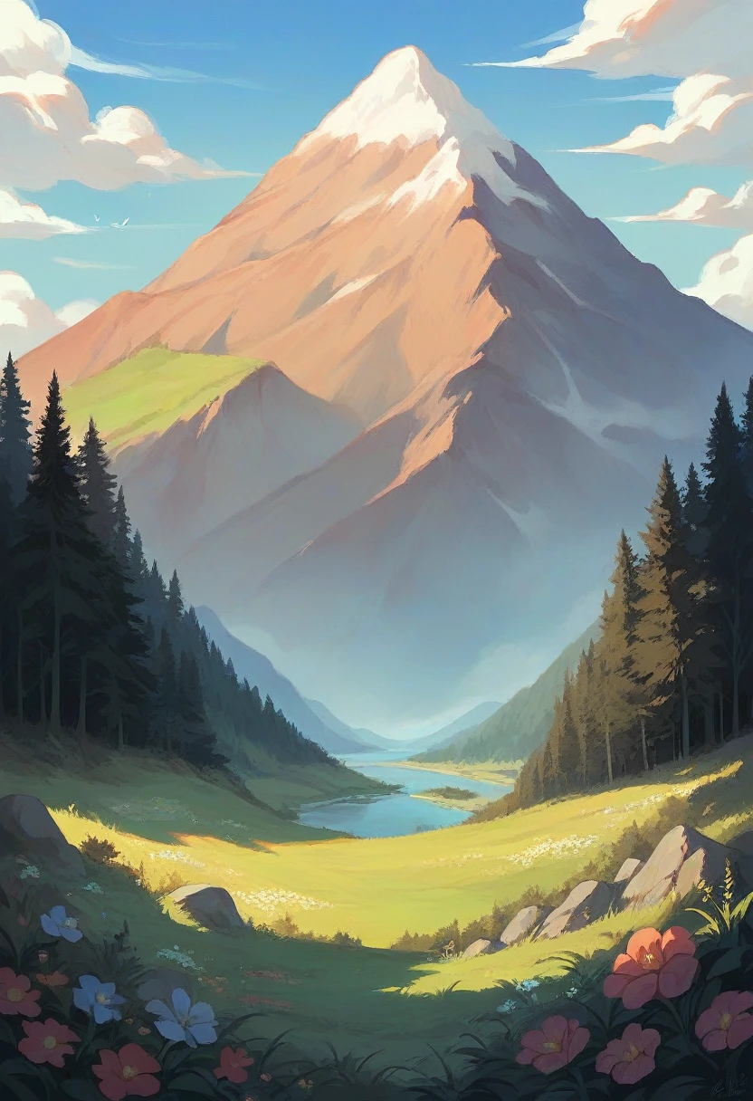 a mountain lake surrounded by trees, flower, outdoors, sky, day, cloud, blue sky, no humans, grass, nature, scenery, forest, landscape