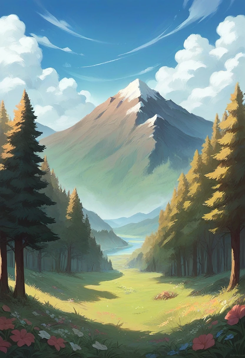 a mountain lake surrounded by trees, flower, outdoors, sky, day, cloud, blue sky, no humans, grass, nature, scenery, forest, landscape