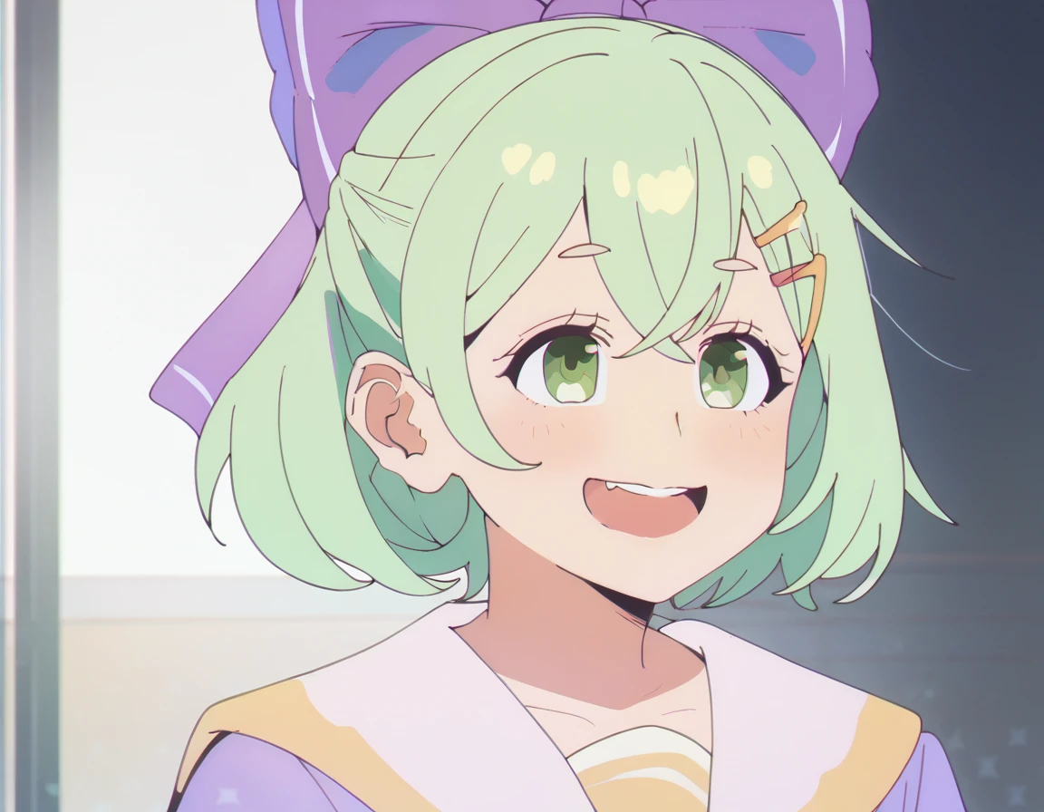 score_9, score_8_up, score_7_up, 1girl, short green hair, green eyes, purple bow headdress, hair clip, purple and yellow sailor collar, sailor suit, nerdy hairstyle. Green bow girl with crossed bangs. Short hair, close-up, bust, facial close-up, Akimbo, female.laugh，***********