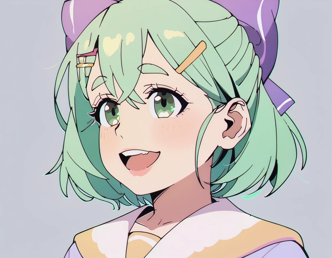 score_9, score_8_up, score_7_up, 1girl, short green hair, green eyes, purple bow headdress, hair clip, purple and yellow sailor collar, sailor suit, nerdy hairstyle. Green bow girl with crossed bangs. Short hair, close-up, bust, facial close-up, Akimbo, female.laugh，