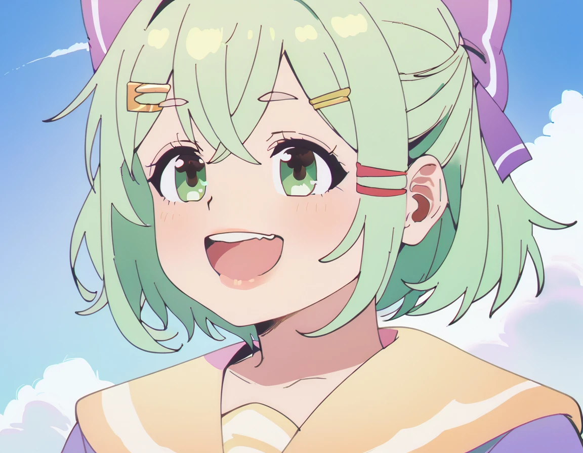 score_9, score_8_up, score_7_up, 1girl, short green hair, green eyes, purple bow headdress, hair clip, purple and yellow sailor collar, sailor suit, nerdy hairstyle. Green bow girl with crossed bangs. Short hair, close-up, bust, facial close-up, Akimbo, female.laugh，***********