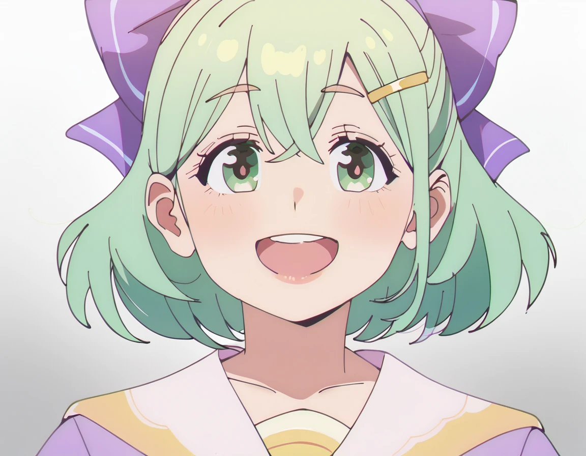 score_9, score_8_up, score_7_up, 1girl, short green hair, green eyes, purple bow headdress, hair clip, purple and yellow sailor collar, sailor suit, nerdy hairstyle. Green bow girl with crossed bangs. Short hair, close-up, bust, facial close-up, Akimbo, female.laugh，***********