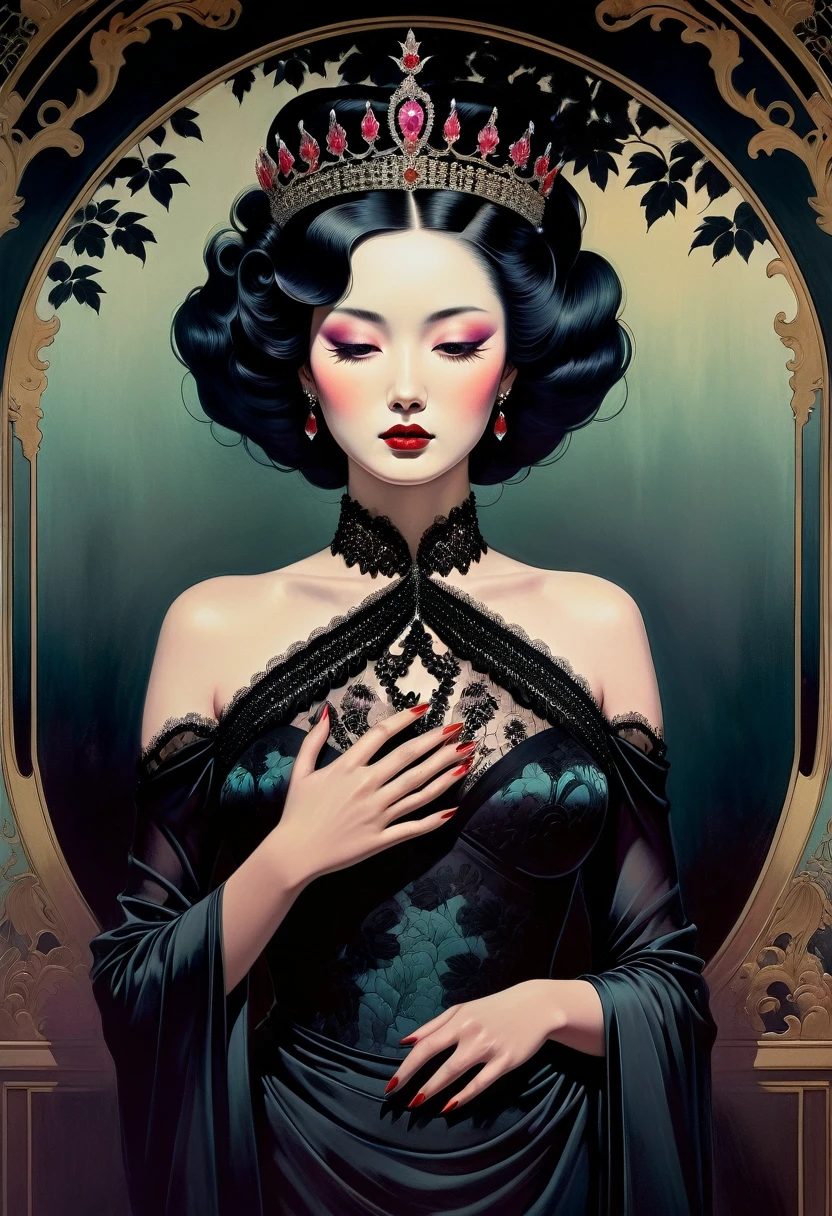 chiaroscuro technique on sensual illustration of an elegant woman, vintage queen, eerie, matte painting, by Hannah Dale, by Harumi Hironaka, extremely soft colors, hint of vibrant, highly detailed, digital artwork, high contrast, dramatic, refined, tonal,