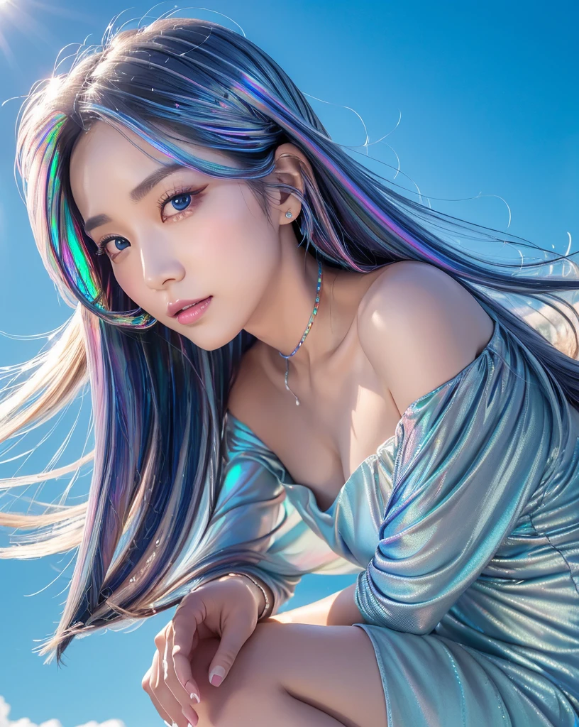 (Highest quality, 32k, High resolution, Masterpiece:1.5), marimo_jet, god々A photograph with brilliant dazzling and healing power., Evoking a sense of calm and elusive beauty, Expressing emotions, Have a rich imagination,Beautiful Japanese Girls, An exceptionally beautiful face, ((Shooting from slightly above:1.4)), Small Face Beauty, Perfect Human Anatomy, Magical big eyes, Motherhood and generosity, Deep Love, fleeting smile, ((Iridescent gradient hair:1.4)), ((Super Long Straight Silk Hair:1.3)), Asymmetrical bangs, Hair between the eyes, Transparent, soft white skin, Sharp eyebrows, Thin lashes, Natural Makeup, Cheek highlighter, Pale pink detailed lips, ((Blue Off Shoulder Dress:1.3)), High resolutionの完璧な鎖骨, High resolutionの美しい胸元, Slim figure with ample breasts, High resolutionの美しい太もも, ((Detailed blue sky background:1.2)), Professional Lighting, Professional photographer, Professional models, god秘的