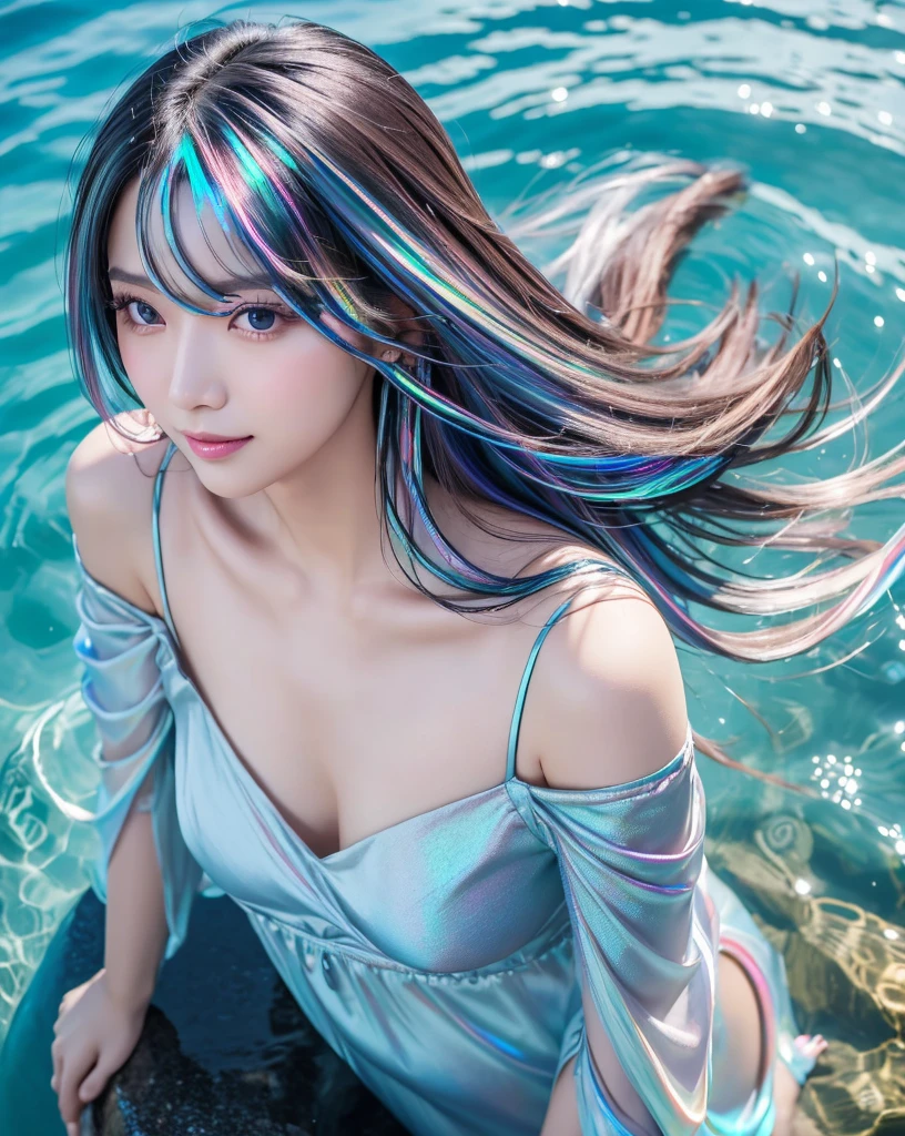 (Highest quality, 32k, High resolution, Masterpiece:1.5), marimo_jet, god々A photograph with brilliant dazzling and healing power., Evoking a sense of calm and elusive beauty, Expressing emotions, Have a rich imagination,Beautiful Japanese Girls, An exceptionally beautiful face, ((Shooting from slightly above:1.4)), Small Face Beauty, Perfect Human Anatomy, Magical big eyes, Motherhood and generosity, Deep Love, fleeting smile, ((Iridescent gradient hair:1.4)), ((Super Long Straight Silk Hair:1.3)), Asymmetrical bangs, Hair between the eyes, Transparent, soft white skin, Sharp eyebrows, Thin lashes, Natural Makeup, Cheek highlighter, Pale pink detailed lips, ((Blue Off Shoulder Dress:1.3)), High resolutionの完璧な鎖骨, High resolutionの美しい胸元, Slim figure with ample breasts, High resolutionの美しい太もも, ((Detailed blue sky background:1.2)), Professional Lighting, Professional photographer, Professional models, god秘的