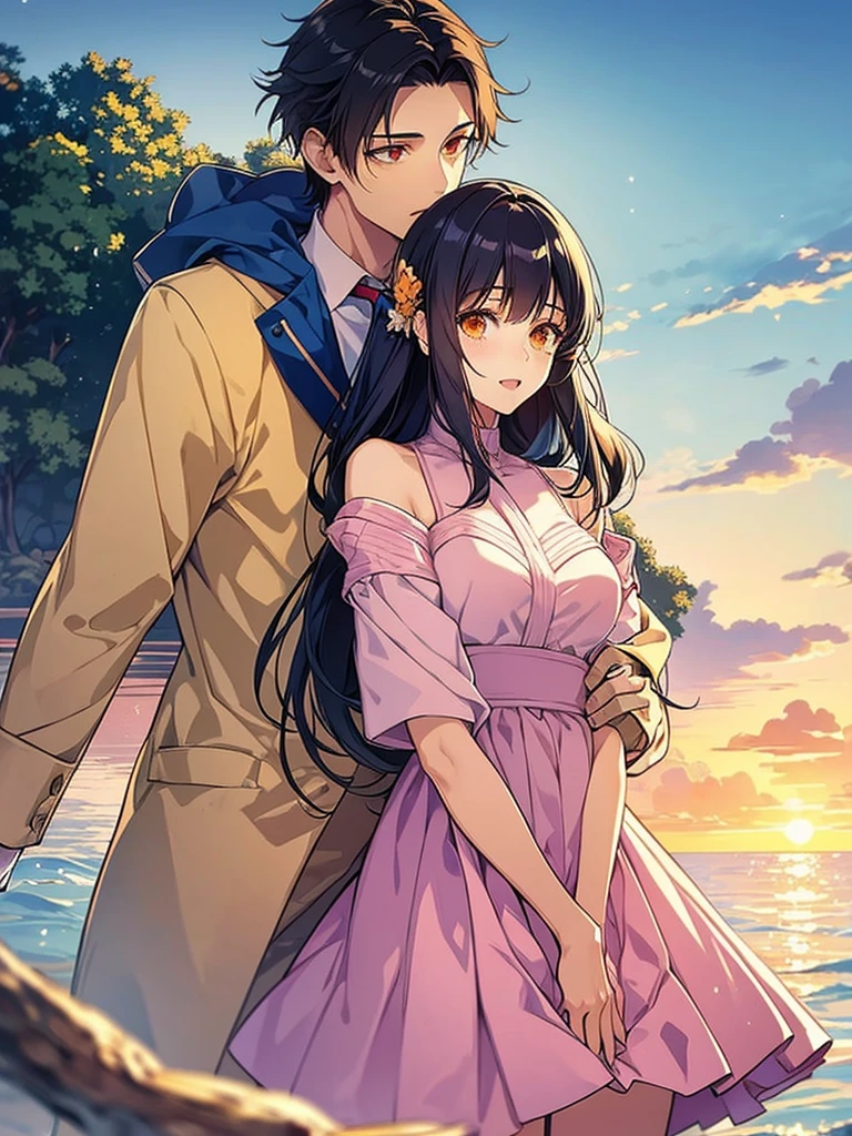 In thai novel art style A couple safic of Two young adult South Korean women with height differences. The oldest in her twenty-eight with her black hair and shorter height and the youngest with her twenty-four years being more than his girlfriend. Embraced on the shore between sand and sea, they smile like a couple in love while the orange sunset sun illuminates their faces, which are enveloped by the beige colors of the sunset.