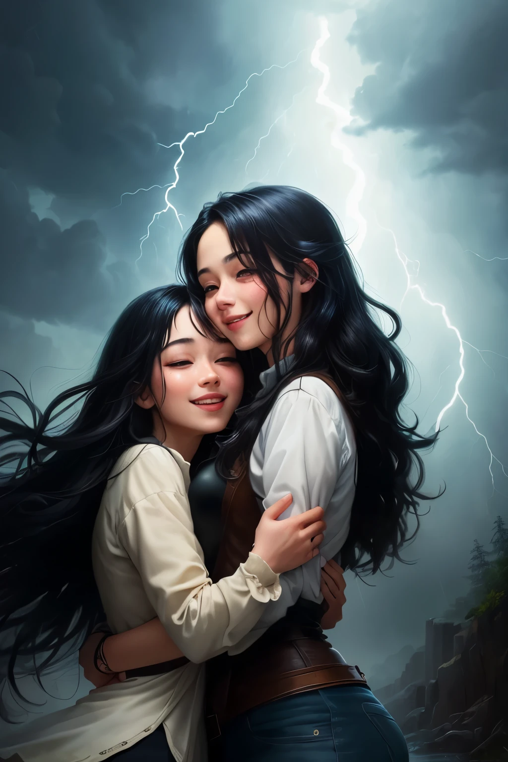 ((best quality)), ((masterpiece)), (detailed), A digital illustration of two long black haired young women hugging each other in happiness with lightning and storm in the background