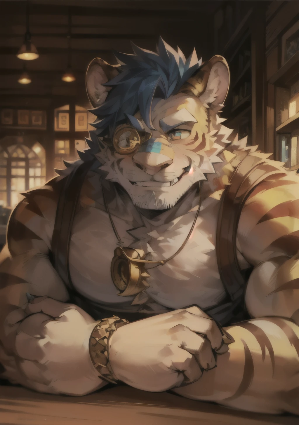Hairy tiger orc，Mature，Strong body，Wearing a Tang costume，Wearing a monocle，Left arm on the table，Right arm supporting chin，The pupils are light blue，，The lower half of the body is blocked by the table，Background in antique shop，Anime two-dimensional style，Highlight the upper body of the tiger orc，Expression smile，Background blur，with a shallow depth of field，The face of the person is clearly visible