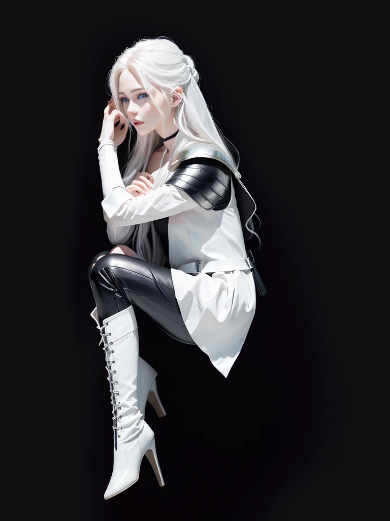 Top quality, RAW Photo, Highest Quality Image, 16K, White hair. Porcelain skin. Beautiful expressive eyes. Sweet and beautiful face. Fantasy clothing. Fantasy world. Black and white clothes. A slender girl in black leather trousers, armor, shoulder pads and comfortable beautiful clothes. Leather boots. Full length from head to toe. Prominent shoes and boots.