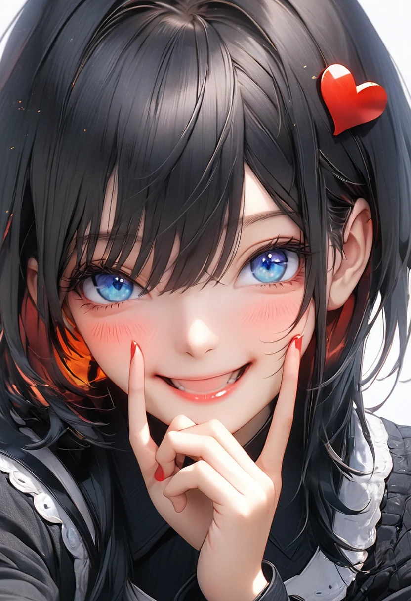 2girl,hires,high resolution, neonfacefilter,( antlersfilter:1.1), heartsfilter, swordsfilter, firefilter red face filter, face filter, shirt, cheek to cheek, smile, upper body, selfie, picture, black hair, blue eyes,heart hands:1.2,simple background
