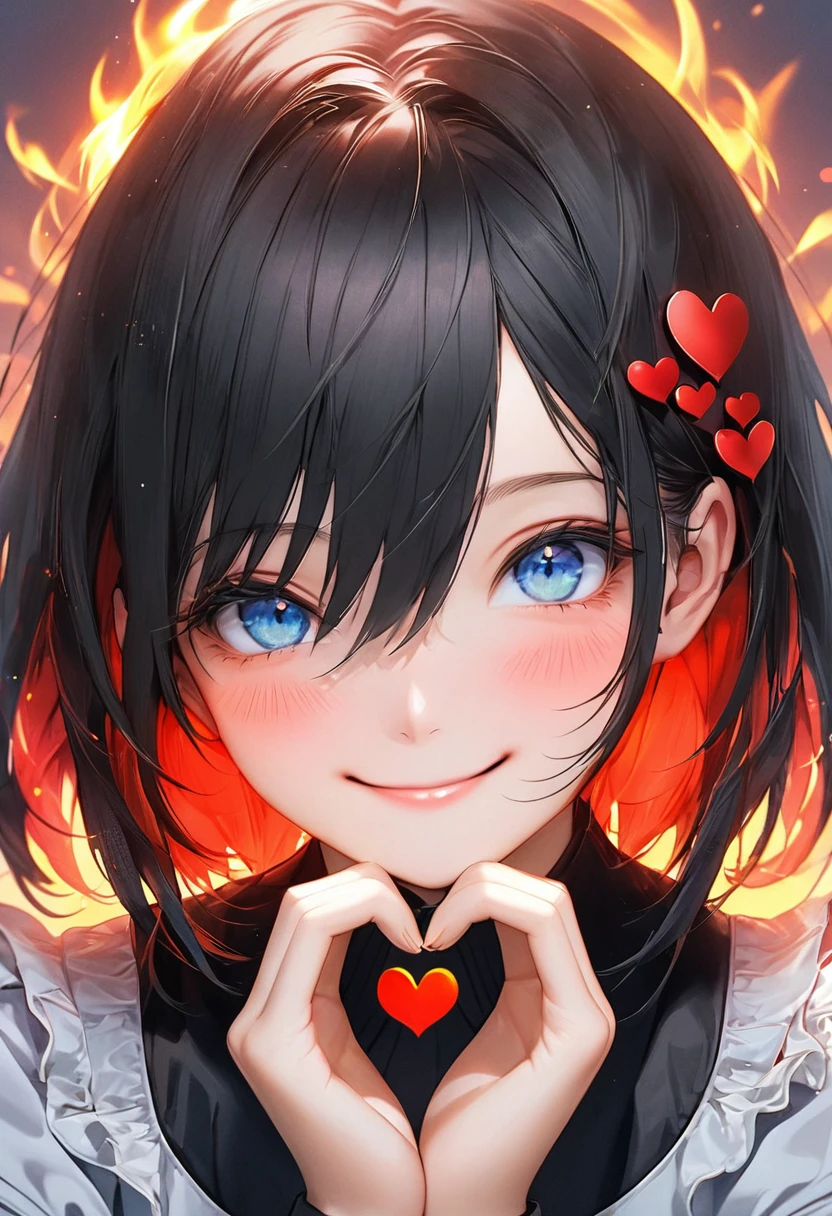 2girl,hires,high resolution, neonfacefilter,( antlersfilter:1.1), heartsfilter, swordsfilter, firefilter red face filter, face filter, shirt, cheek to cheek, smile, upper body, selfie, picture, black hair, blue eyes,heart hands:1.2,simple background