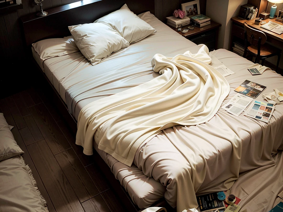 arafed bed with a sheet and pillows with a brown blanket, messy bed, Dirty room, bed is not made, Paint spills, Oil leakage, couches melting, un made bed, Acrylic spill, Hotel Rooms, bed, Wet cloth, paint is falling off, someone sits in bed, Dirty apartment, while posing in the same bed