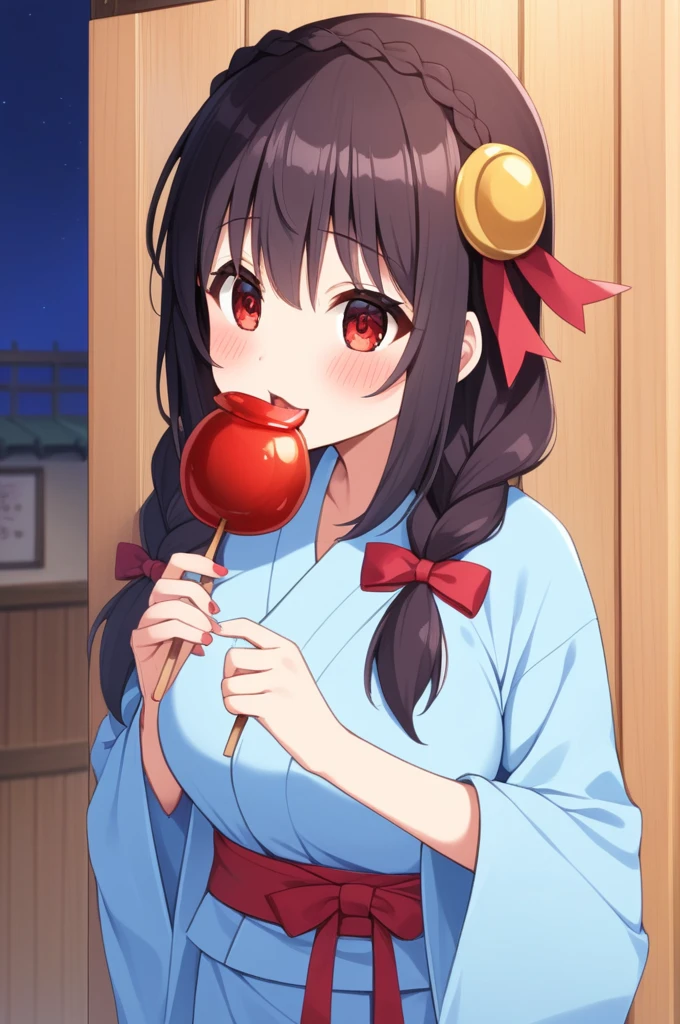 alone, One girl、Crown braids in the same color as your hair, hair ornaments, Hair Ribbon,(A light blue kimono with a red floral pattern and a red obi.)、Red Eyes、Black Hair、(blush:1.5)、(Fidgety:1.4)、Larger breasts、(Licking a candy apple:1.2)、The background is a night stall