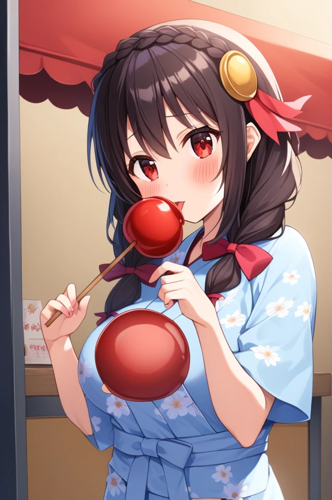 alone, One girl、Crown braids in the same color as your hair, hair ornaments, Hair Ribbon,(A light blue kimono with a red floral pattern and a red obi.)、Red Eyes、Black Hair、(blush:1.5)、(Fidgety:1.4)、Larger breasts、(Licking a candy apple:1.2)、The background is a night stall