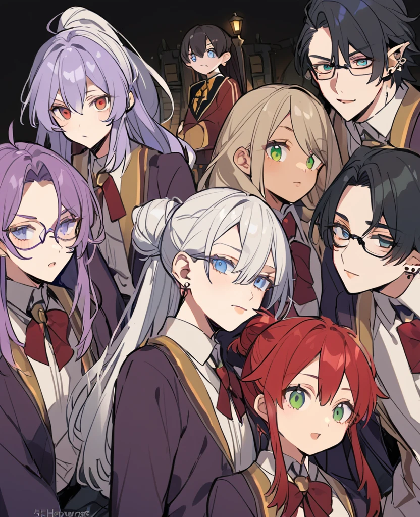 (Female,5'5,glasses ,pierced ears,light skin,grey eyes,purple long hair in a high ponytail ,hogwards uniform) and (Male,5'4,pierced ears,light skin,blue eyes, white long hair half up half down,hogwards uniform) and (Male,5'8,glasses,light skin,green eyes,messy black hair,hogwards uniform) and (Female,5'6,pierced ears,light skin,hazel eyes,red long hair in a messy bun ,hogwards uniform)