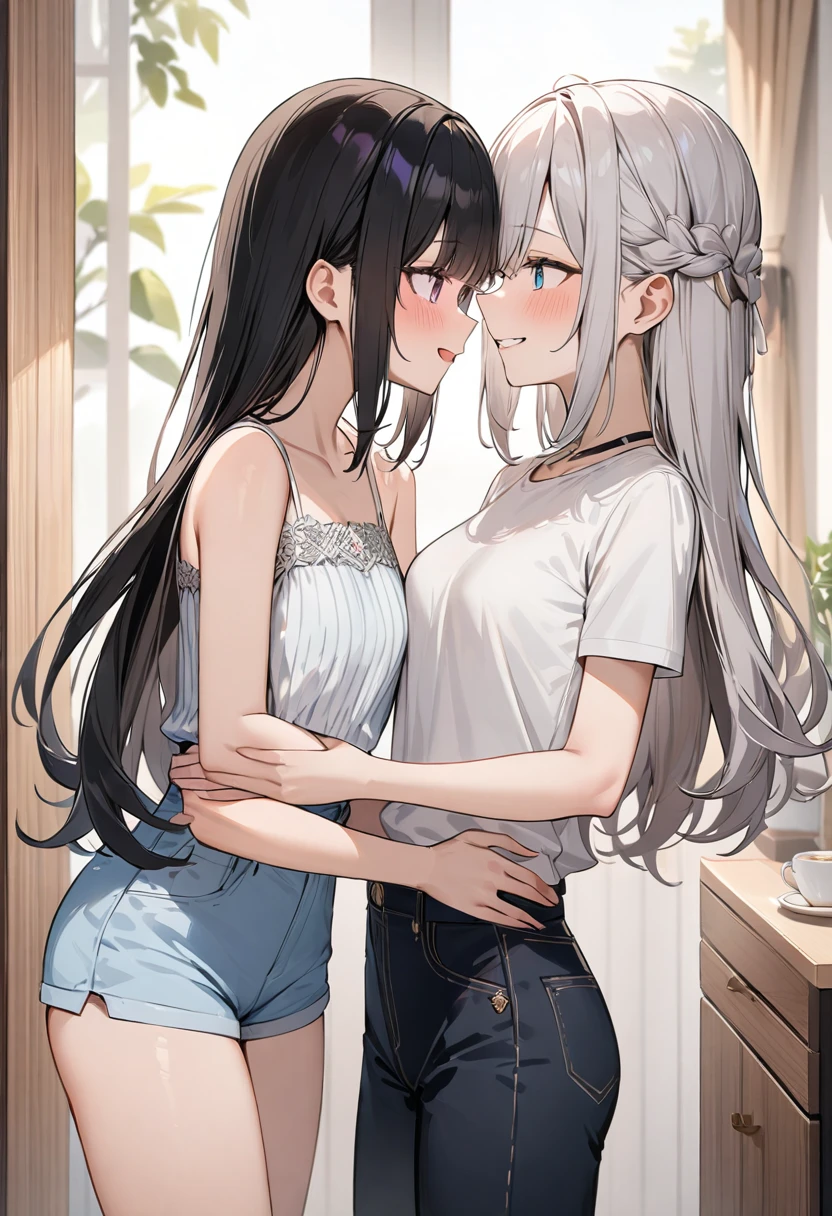 (masterpiece, top quality, very aesthetic, 4k、illustration), intricate detail, 2girls,Standing 、(cowboy shot)、Randomsmile、()、yuri,
Cute 、Random Hair Color、,middle hair,sidelock ,Random eyes Color、Casual attire、small breasts、Slim 、