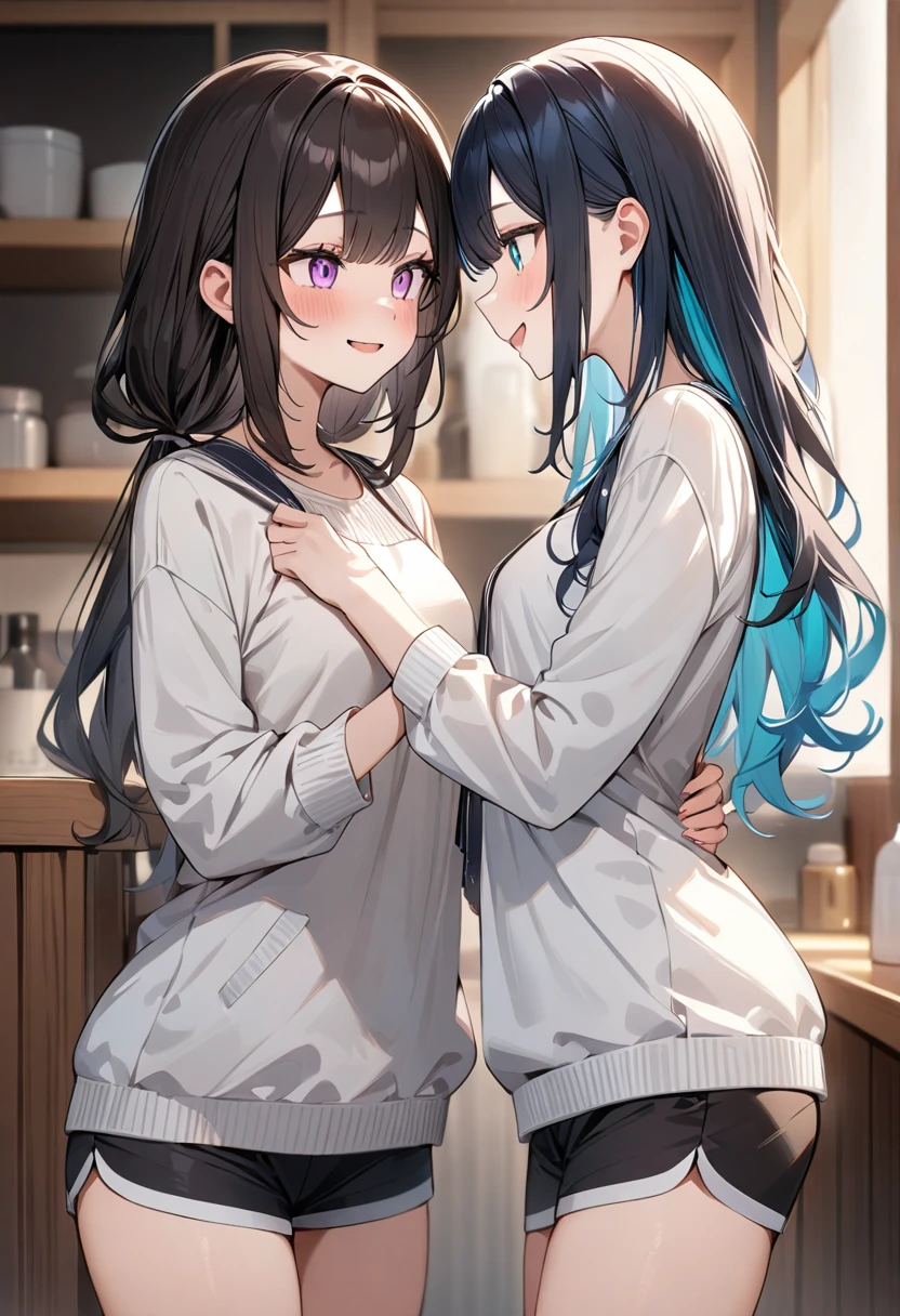 (masterpiece, top quality, very aesthetic, 4k、illustration), intricate detail, 2girls,Standing 、(cowboy shot)、Randomsmile、()、yuri,
Cute 、Random Hair Color、,middle hair,sidelock ,Random eyes Color、Casual attire、small breasts、Slim 、
