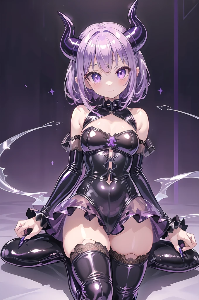 1girl,solo,cowboy shot,standing,(purple hair:1.2),short hair,ahoge,antenna hair, bangs,hair between eyes,(yellow eyes:1.2),symbol-shaped pupils,star-shaped pupils,(beautiful fingers:1.4),(perfect anatomy:1.4),(arms_behind_back:1.6),(cold_shoulder:1.2),(purple gothic ****ta:1.6),(leather lace glossy silk lamé:1.4),(latex luster shiny glossy:1.6),(shiny_clothes:1.6),masterpiece,best quality,(Ultra high definition eyes:1.2),8k,(Beautiful detailed eyes:1.2),(Fine and beautiful eyes:1.2),(pretty eyes:1.2),finely detail,extremely CG, absurdres,high resolution,illustration,Detailed and beautiful outlines,finely detail,high resolution,(colorful refraction:1.4,Increase saturation:1.2),beautiful lighting,dynamic lighting,closed room,black background,simple background, smile,blush,looking at viewer,horns, bat wings,demon wings,costume,navel,corset,lowleg pants,(white Clear PVC sheets sleeves:1.4),(sheer sleeves:1.4),(see-through sleeves:1.4),(wide sleeves:1.2),(purple thigh boots:1.4)