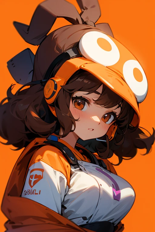  with brown eyes and curly brown hair using gaming headset on orange and purple background
