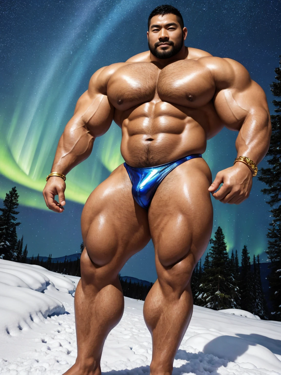 There is only one handsome Chinese man in the photo,35 years old,tall, Fitness,Smooth body,Smooth skin,No chest hair,short hair, O-Shaped Beard,Perfect body, Dark skin color,Radiant Skin,Smooth skin,Shiny, shiny skin,Smooth pectoral muscles,Muscle bulge, muscular, Very large pectoral muscles,Very sexy abdominal muscles,Very well-developed leg muscles,Huge concave and convex area,Brightens oily skin,Wearing a shiny gold leather thong,Handsome face,Normal human toes,Correct and accurate male body proportions,Gold Collar,Gold bracelet,Gold anklets,Standing in the snow,Night sky,A sky full of stars,There are auroras,Colorful,Charming dream scene,Epic。