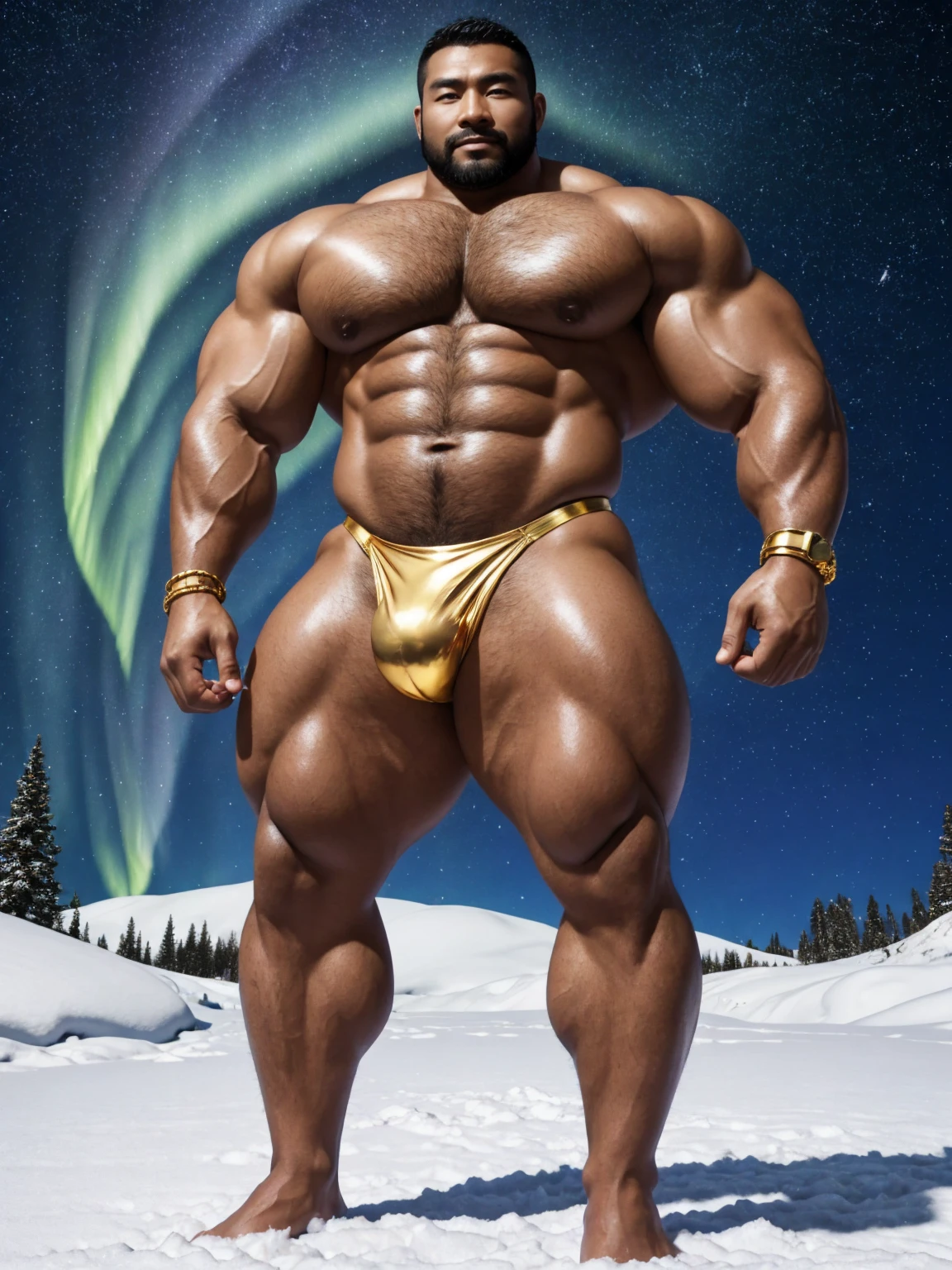 There is only one handsome Chinese man in the photo,35 years old,tall, Fitness,Smooth body,Smooth skin,No chest hair,short hair, O-Shaped Beard,Perfect body, Dark skin color,Radiant Skin,Smooth skin,Shiny, shiny skin,Smooth pectoral muscles,Muscle bulge, muscular, Very large pectoral muscles,Very sexy abdominal muscles,Very well-developed leg muscles,Huge concave and convex area,Brightens oily skin,Wearing a shiny gold leather thong,Handsome face,Normal human toes,Correct and accurate male body proportions,Gold Collar,Gold bracelet,Gold anklets,Standing in the snow,Night sky,A sky full of stars,There are auroras,Colorful,Charming dream scene,Epic。