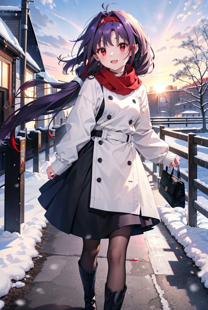 yuukikonno, Konno Yuuki, Long Hair, Pointed Ears, Purple Hair, (Red eyes:1.5), (Small breasts:1.2), Open your mouth,happy smile, smile, Open your mouth,hair band,low twin tail,Red Scarf,Oversized purple sweater,Black pantyhose,Long skirt,short boots,Holding a paper cup of coffee in both hands,Walking,snowが降っている,snowが降り積もっている,snow,snow,snow,snow,snowが積もった木,winter,Cold Sky,night,whole bodyがイラストに入るように,
break looking at viewer,  whole body,
break outdoors, Building district,
break (masterpiece:1.2), Highest quality, High resolution, unity 8k wallpaper, (figure:0.8), (Beautiful attention to detail:1.6), Highly detailed face, Perfect lighting, Highly detailed CG, (Perfect hands, Perfect Anatomy),