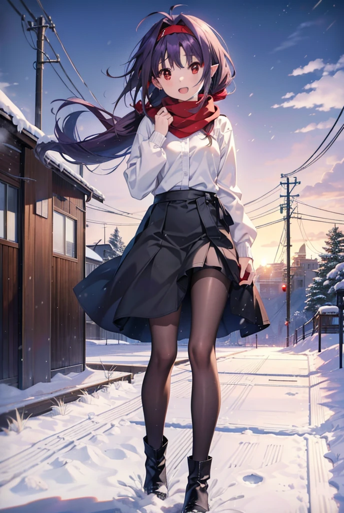yuukikonno, Konno Yuuki, Long Hair, Pointed Ears, Purple Hair, (Red eyes:1.5), (Small breasts:1.2), Open your mouth,happy smile, smile, Open your mouth,hair band,low twin tail,Red Scarf,Oversized purple sweater,Black pantyhose,Long skirt,short boots,Holding a paper cup of coffee in both hands,Walking,snowが降っている,snowが降り積もっている,snow,snow,snow,snow,snowが積もった木,winter,Cold Sky,night,whole bodyがイラストに入るように,
break looking at viewer,  whole body,
break outdoors, Building district,
break (masterpiece:1.2), Highest quality, High resolution, unity 8k wallpaper, (figure:0.8), (Beautiful attention to detail:1.6), Highly detailed face, Perfect lighting, Highly detailed CG, (Perfect hands, Perfect Anatomy),