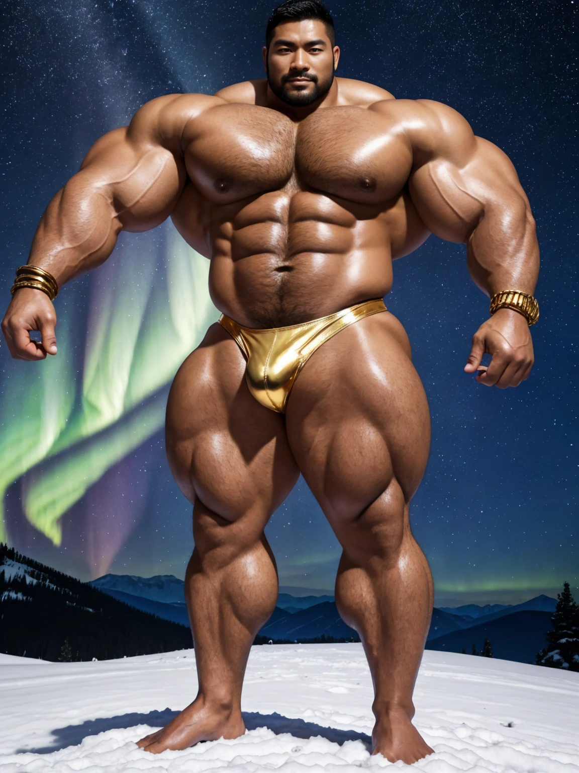 There is only one handsome Chinese man in the photo,35 years old,tall, Fitness,Smooth body,Smooth skin,No chest hair,short hair, O-Shaped Beard,Perfect body, Dark skin color,Radiant Skin,Smooth skin,Shiny, shiny skin,Smooth pectoral muscles,Muscle bulge, muscular, Very large pectoral muscles,Very sexy abdominal muscles,Very well-developed leg muscles,Huge concave and convex area,Brightens oily skin,Wearing a shiny gold leather thong,Handsome face,Normal human toes,Correct and accurate male body proportions,Gold Collar,Gold bracelet,Gold anklets,Standing in the snow,Night sky,A sky full of stars,There are auroras,Colorful,Charming dream scene,Epic。