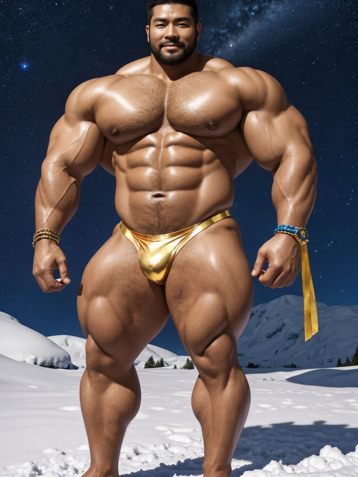 There is only one handsome Chinese man in the photo,35 years old,tall, Fitness,Smooth body,Smooth skin,No chest hair,short hair, O-Shaped Beard,Perfect body, Dark skin color,Radiant Skin,Smooth skin,Shiny, shiny skin,Smooth pectoral muscles,Muscle bulge, muscular, Very large pectoral muscles,Very sexy abdominal muscles,Very well-developed leg muscles,Huge concave and convex area,Brightens oily skin,Wearing a shiny gold leather thong,Handsome face,Normal human toes,Correct and accurate male body proportions,Gold Collar,Gold bracelet,Gold anklets,Standing in the snow,Night sky,A sky full of stars,There are auroras,Colorful,Charming dream scene,Epic。