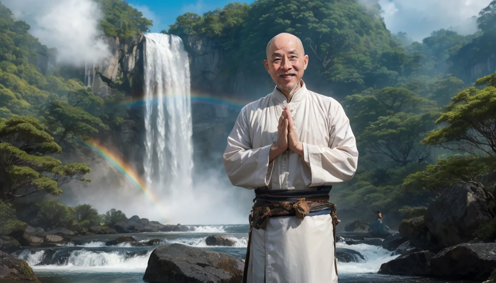 A middle-aged rather thin oriental man with a bald short beard puts his hands together，Showing goodbye，Eyes looking into the camera，Wearing a two-piece light-colored Chinese dress，Standing in the forest with waterfall，There are birds flying，There are white clouds in the blue sky，There is a rainbow above the waterfall，Beautiful and high-definition picture，The details are very clear，With depth of field