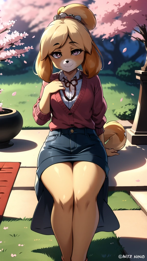 (Isabelle \(Protect animals\):1.1), (masterpiece, best quality:1.15), 1 Girl, Solitary, Small Breasts, Looking at the audience, Maroon eyes, permanent, Cross your legs, Even attract, Killer sweater, jeans, sky, picturesque, Idyllic, outdoor, Cherry blossoms, Tree, Japanese Architecture, garden, pink, Flowers, petal, falling petal, Japanese Garden, used to be, Cherry blossoms, Long hair, French Braid, Ahog, affectionate, Small heads, Small Eyes, Flat nose