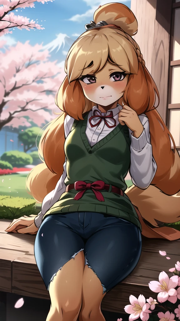 (Isabelle \(Protect animals\):1.1), (masterpiece, best quality:1.15), 1 Girl, Solitary, Small Breasts, Looking at the audience, Maroon eyes, permanent, Cross your legs, Even attract, Killer sweater, jeans, sky, picturesque, Idyllic, outdoor, Cherry blossoms, Tree, Japanese Architecture, garden, pink, Flowers, petal, falling petal, Japanese Garden, used to be, Cherry blossoms, Long hair, French Braid, Ahog, affectionate, Small heads, Small Eyes, Flat nose