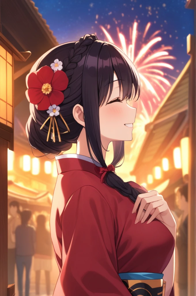 alone, One girl、Crown braids in the same color as your hair, hair ornaments, Hair Ribbon,(A light blue kimono with a red floral pattern and a red obi.)、Red Eyes、Black Hair、(blush:1.6)、(Profile of a smiling face with his mouth open:1.6)、Larger breasts、(The background is fireworks at night)、Looking up at the fireworks