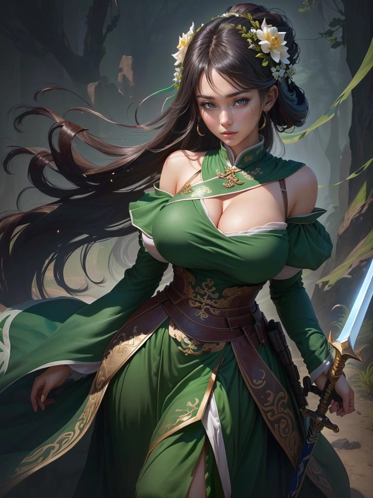 a woman in a green dress holding a sword and a flower, inspired by Li Mei-shu, inspired by Shen Zhou, inspired by Wu Li, inspired by Wu Zuoren, yun ling, inspired by Ju Lian, inspired by Li Tang, full body xianxia, inspired by Qiu Ying, inspired by Lan Ying, xianxia hero, Highly detailed CG unit 8k wallpaper, masterpiece, High resolution, highest quality, highest quality real texture skin, Super Real, Digital Painting, Best image quality, 最High resolution, 8k, ((Highly detailed eyes and face, Beautiful eyes every detail)), 1girl, Full Body Shot, (Cleavage, Saggy breasts, Gravity-dependent breasts, long chest, Heavy chest, disproportionate breasts, huge breasts, sagging breasts, gigantic breasts, erect nipple), Off the shoulder, 