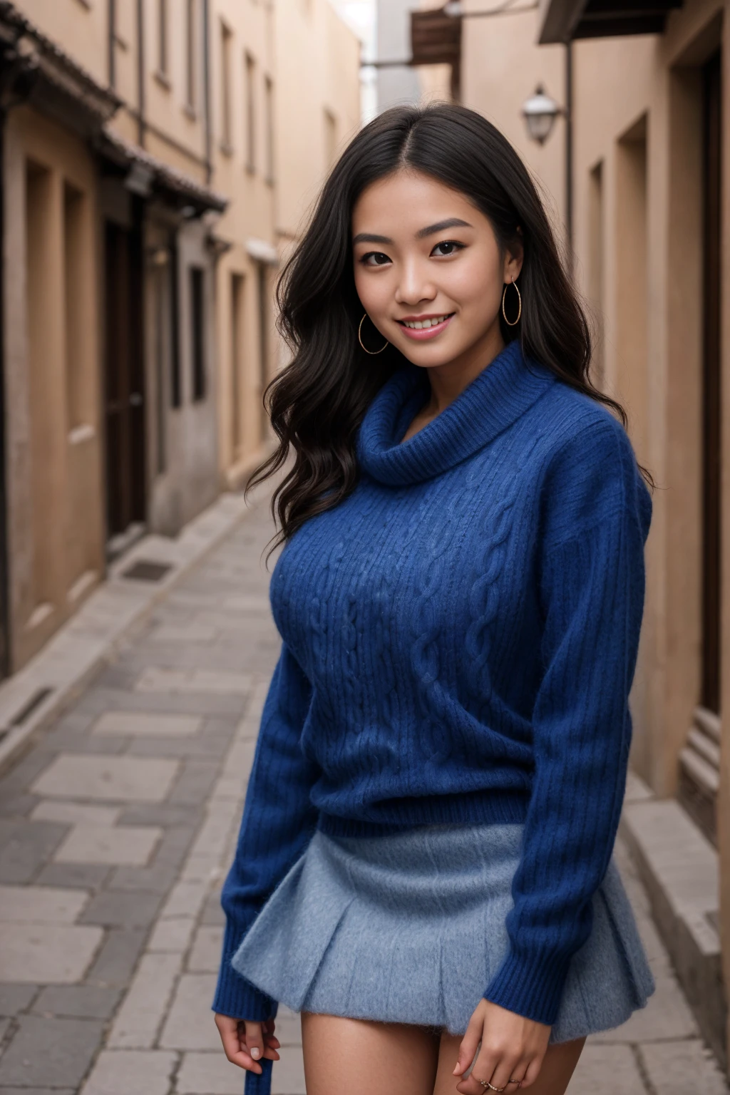 Half-length glamour portrait, nikon D850, f1.6 lens, 200mm, DSLR, 22 Megapixels, (((Colorful alley in the old town scene))), shot of a stunning 19 years old korean girl, (smile:1.4), (wearing Lapis blue Cashmere sweater with wool skirt:1.6), ((seductive pose)), hot girl, (((big natural breasts))), (((black fringe hair))), (small girl), symmetrical face, photorealistic, photography, (bright natural lighting), gorgeous, deep cleavage, (masterpiece), best quality, high resolution, extremely detailed, cinematic lighting, (((very narrow waist))), rich colors, hyper realistic, lifelike texture, ((jewelry)), (((She has beautiful hands and wears rings))), (bracelet), (necklace), (ankle chain), (nail polish) (earrings), Fuji Superia 200, 8k