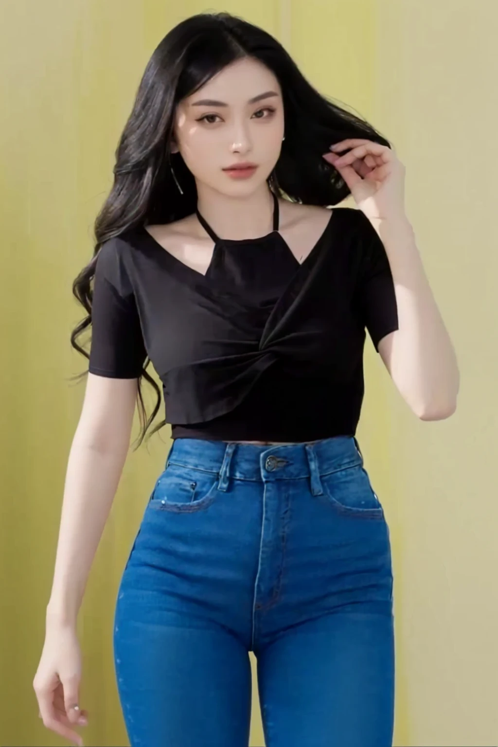 arafed woman in a black top and blue jeans posing for a picture, with ripped crop t - shirt, open v chest clothes, photo of slim girl model, skinny waist and thick hips, black top, 2 4 year old female model, thin-waist, wearing a sexy cropped top, wearing a dark shirt and jeans, with a thin waist